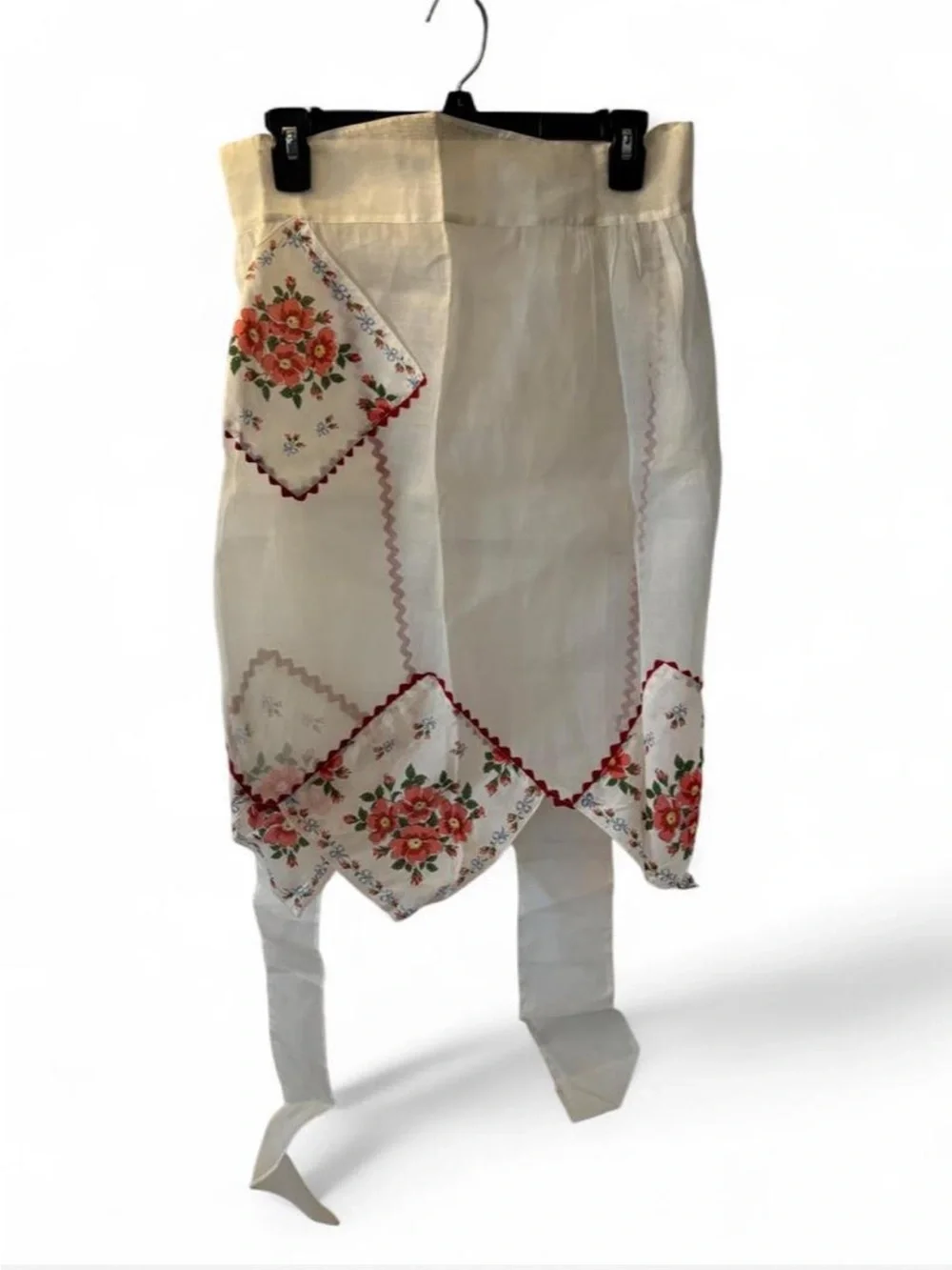 Vintage White Sheer Organza Half Apron Red Floral Hanky Hem Ric-Rac Detail